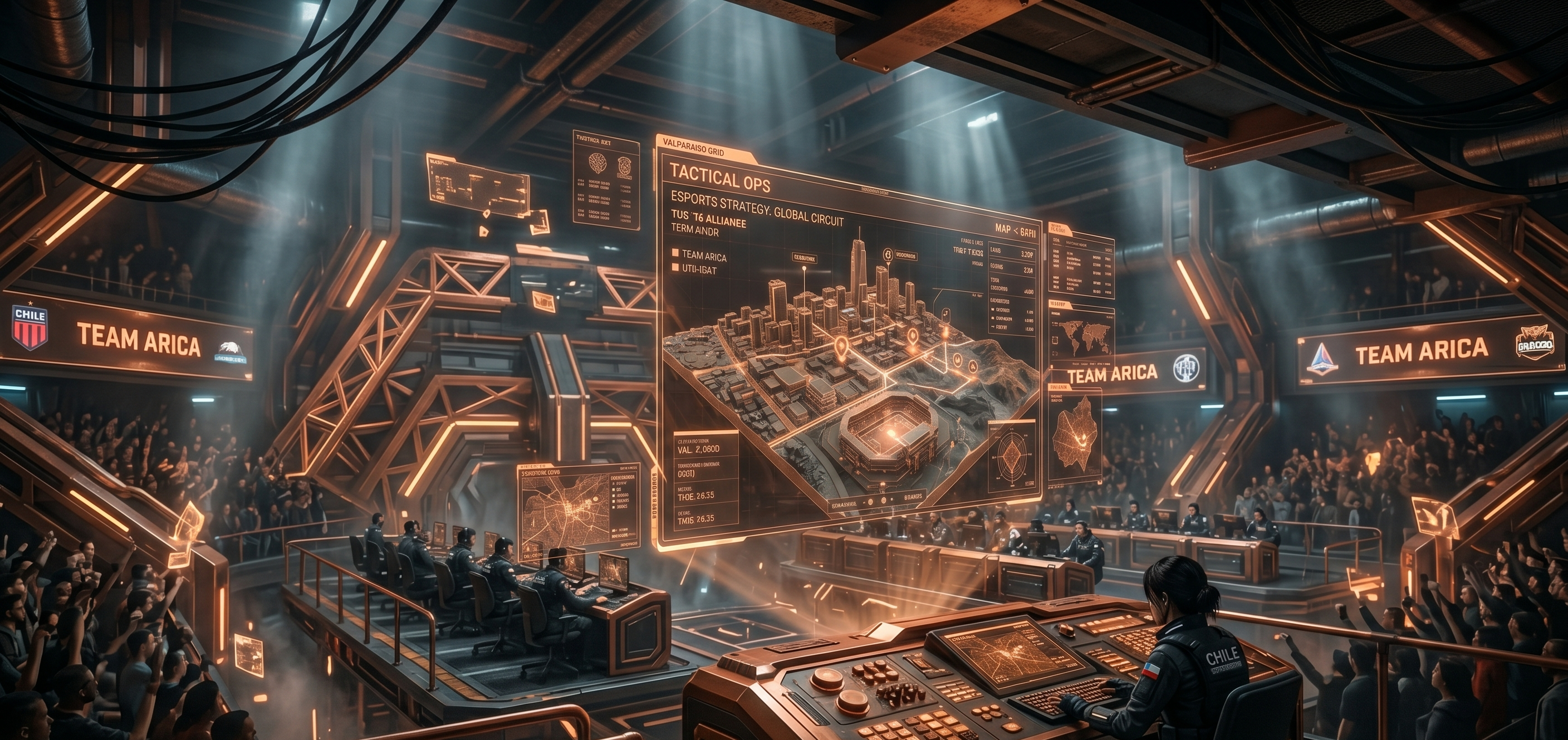 Layered digital arena artwork in copper and graphite